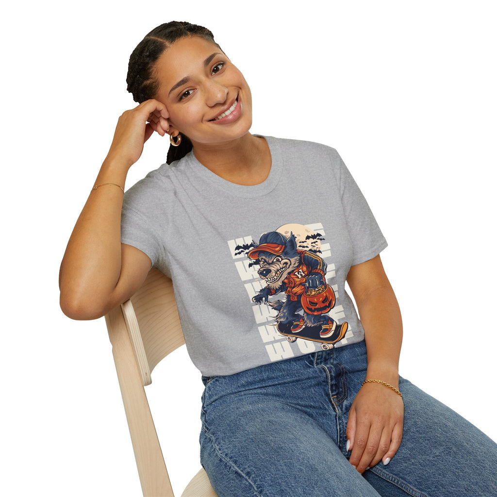 Halloween Skateboarder Skeleton T-Shirt — Spooky Pumpkin & Bats Graphic Tee