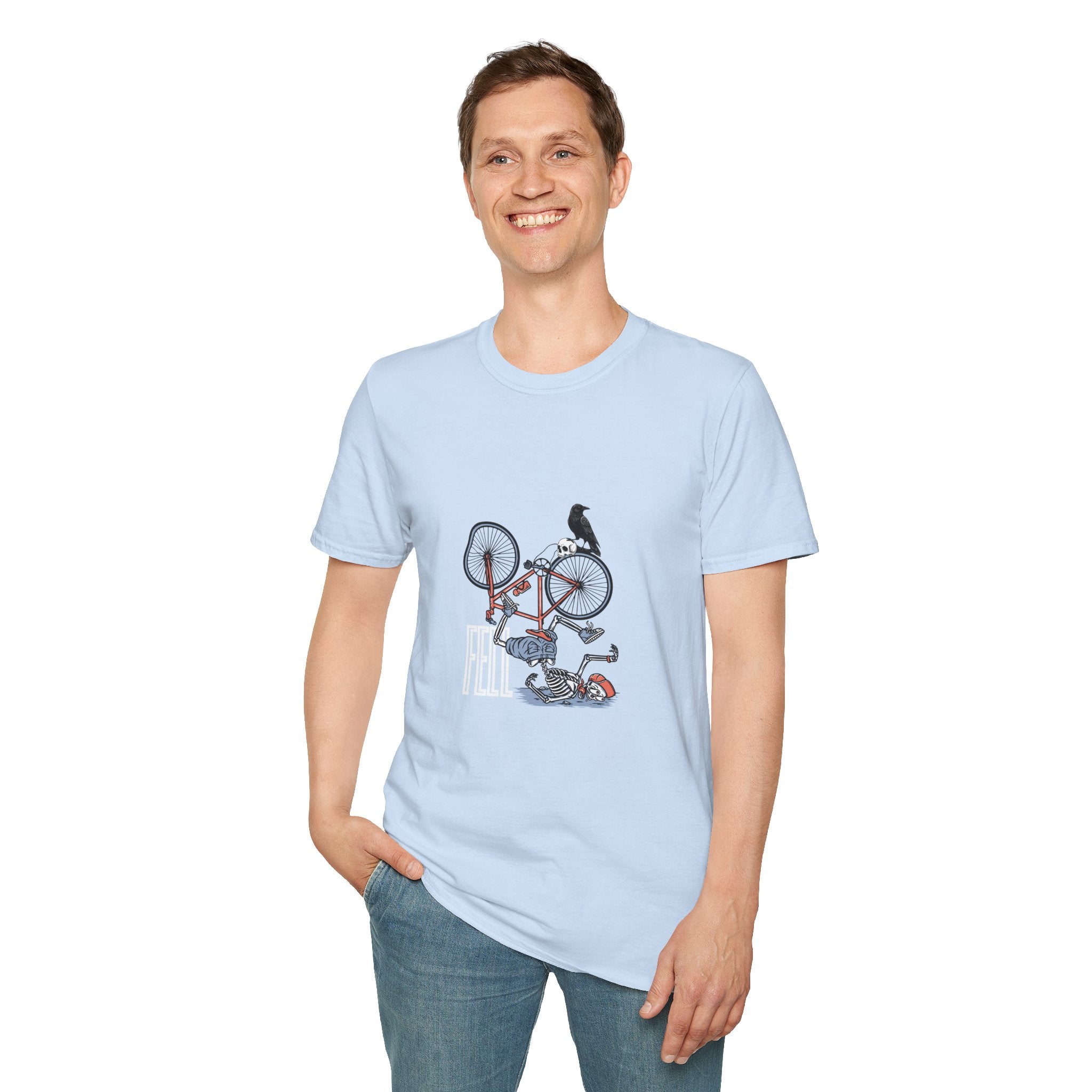 T-Shirt — Vintage Bike Crash Illustration with Crow (whimsical urban cycling tee)