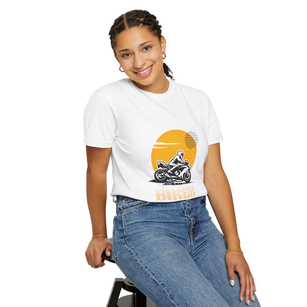 Motorcycle Rider T-Shirt — Retro Sunset Biker Graphic