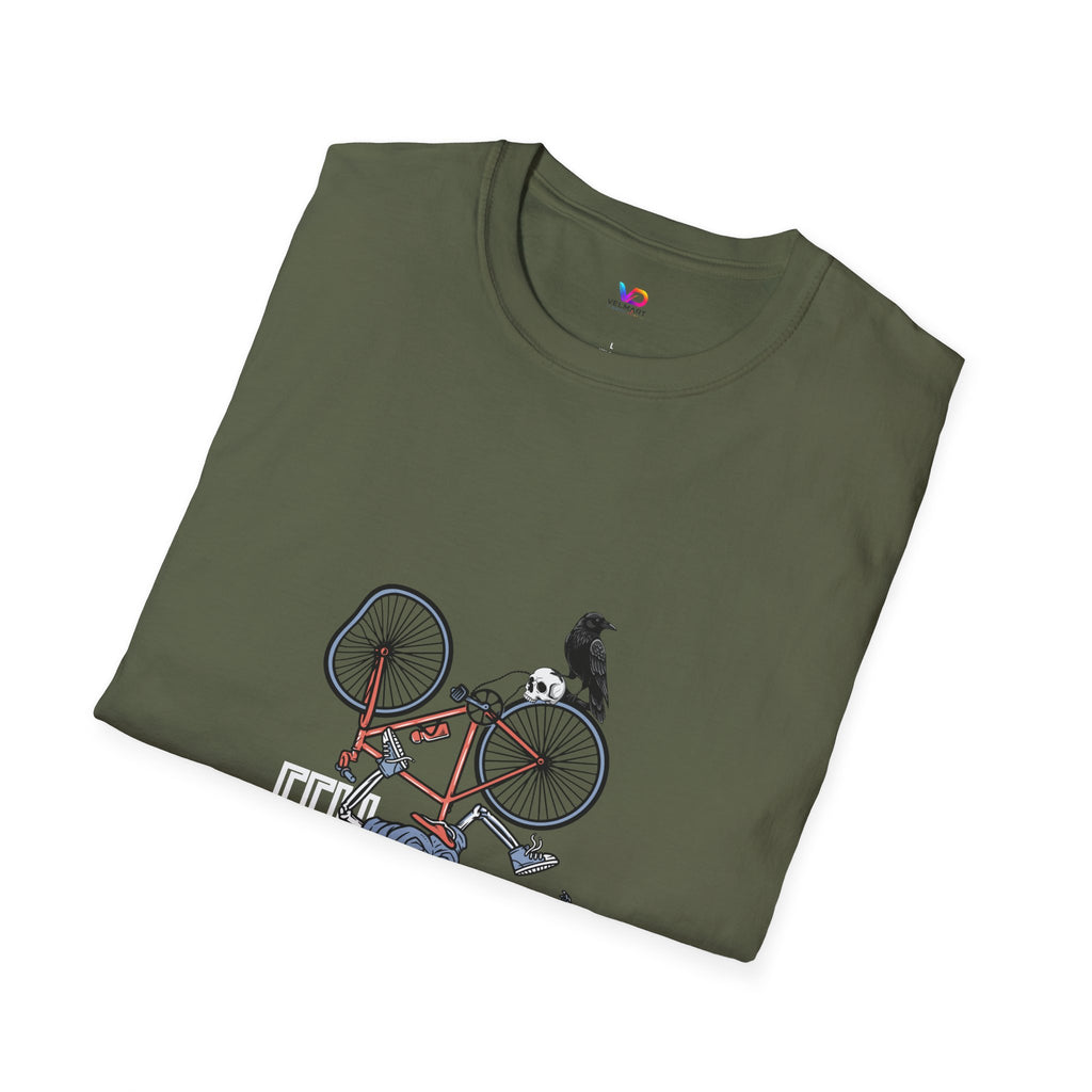 T-Shirt — Vintage Bike Crash Illustration with Crow (whimsical urban cycling tee)