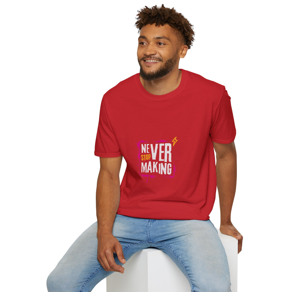 T-Shirt — "Never Stop Dreaming" Graphic Tee (Pink Brushstroke Lightning)