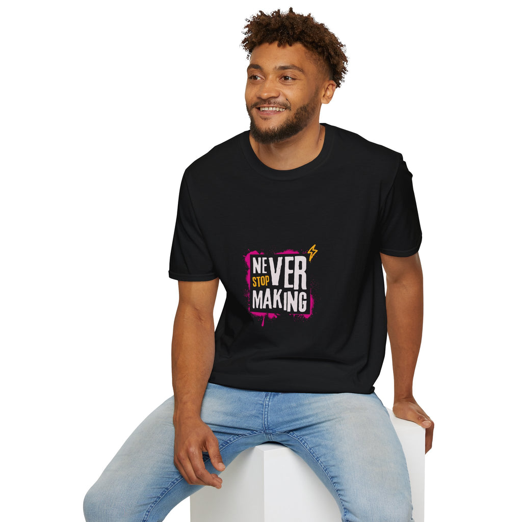 T-Shirt — "Never Stop Dreaming" Graphic Tee (Pink Brushstroke Lightning)