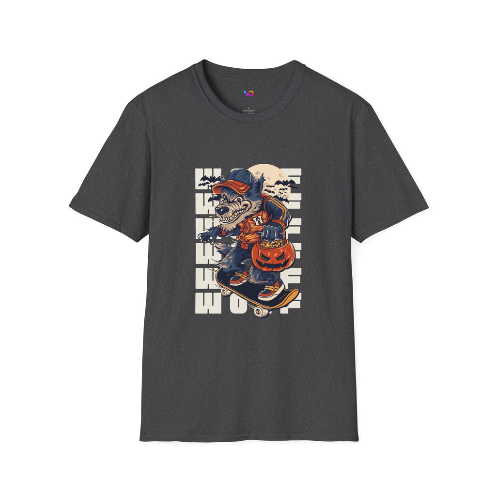 Halloween Skateboarder Skeleton T-Shirt — Spooky Pumpkin & Bats Graphic Tee