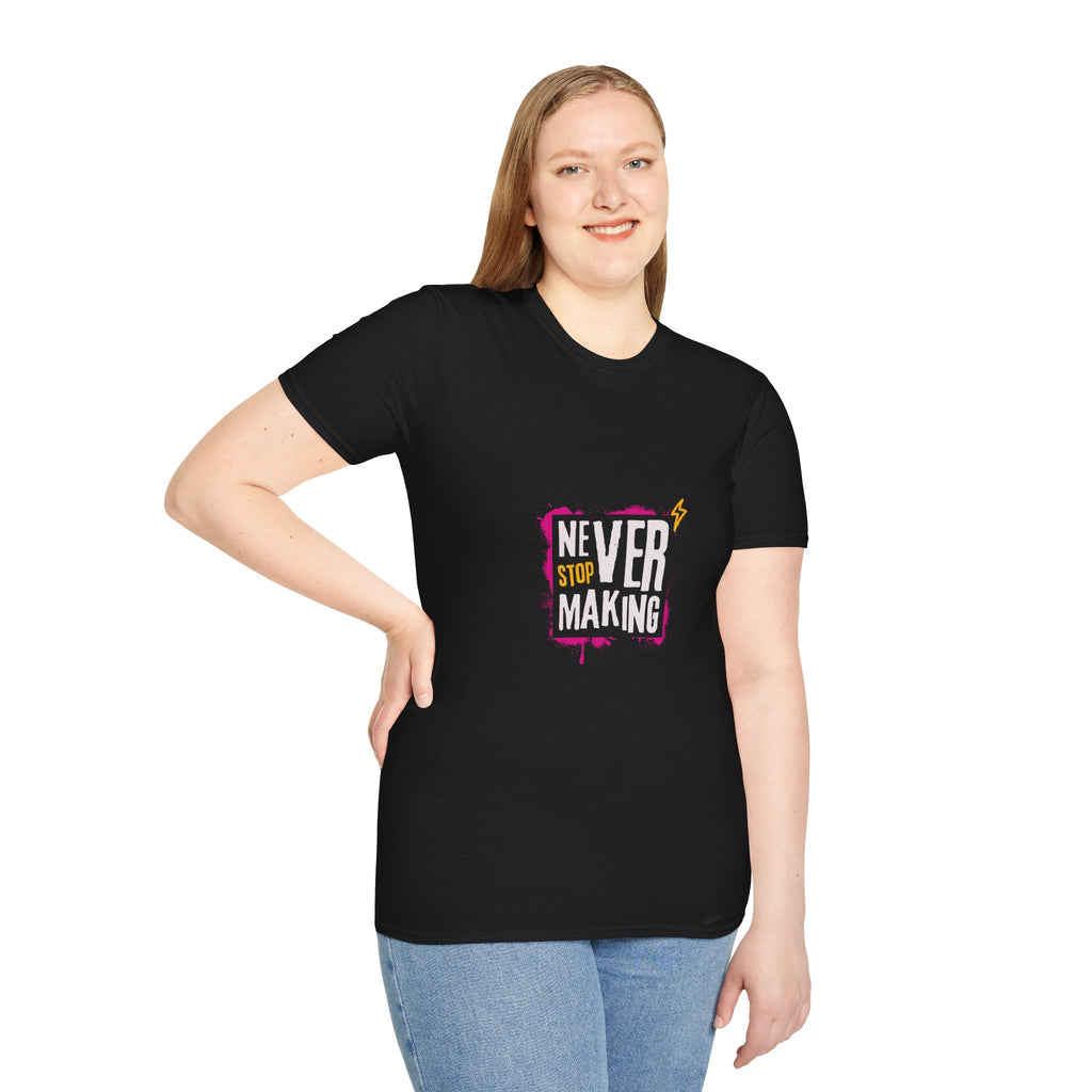 T-Shirt — "Never Stop Dreaming" Graphic Tee (Pink Brushstroke Lightning)