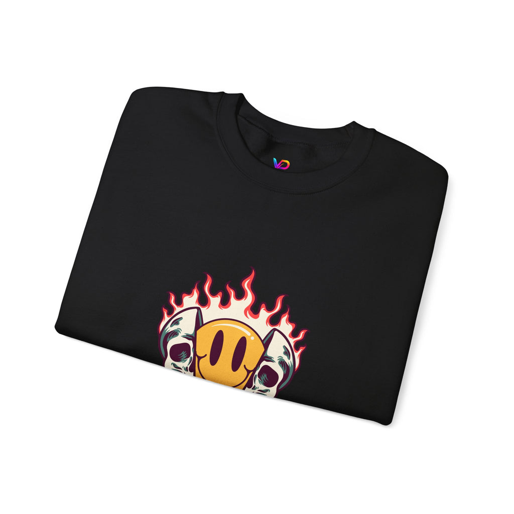 Crewneck Sweatshirt — “Challenges Build Inner Strength” Flame Smile Graphic