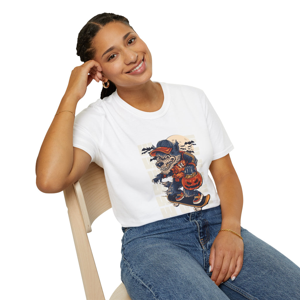 Halloween Skateboarder Skeleton T-Shirt — Spooky Pumpkin & Bats Graphic Tee