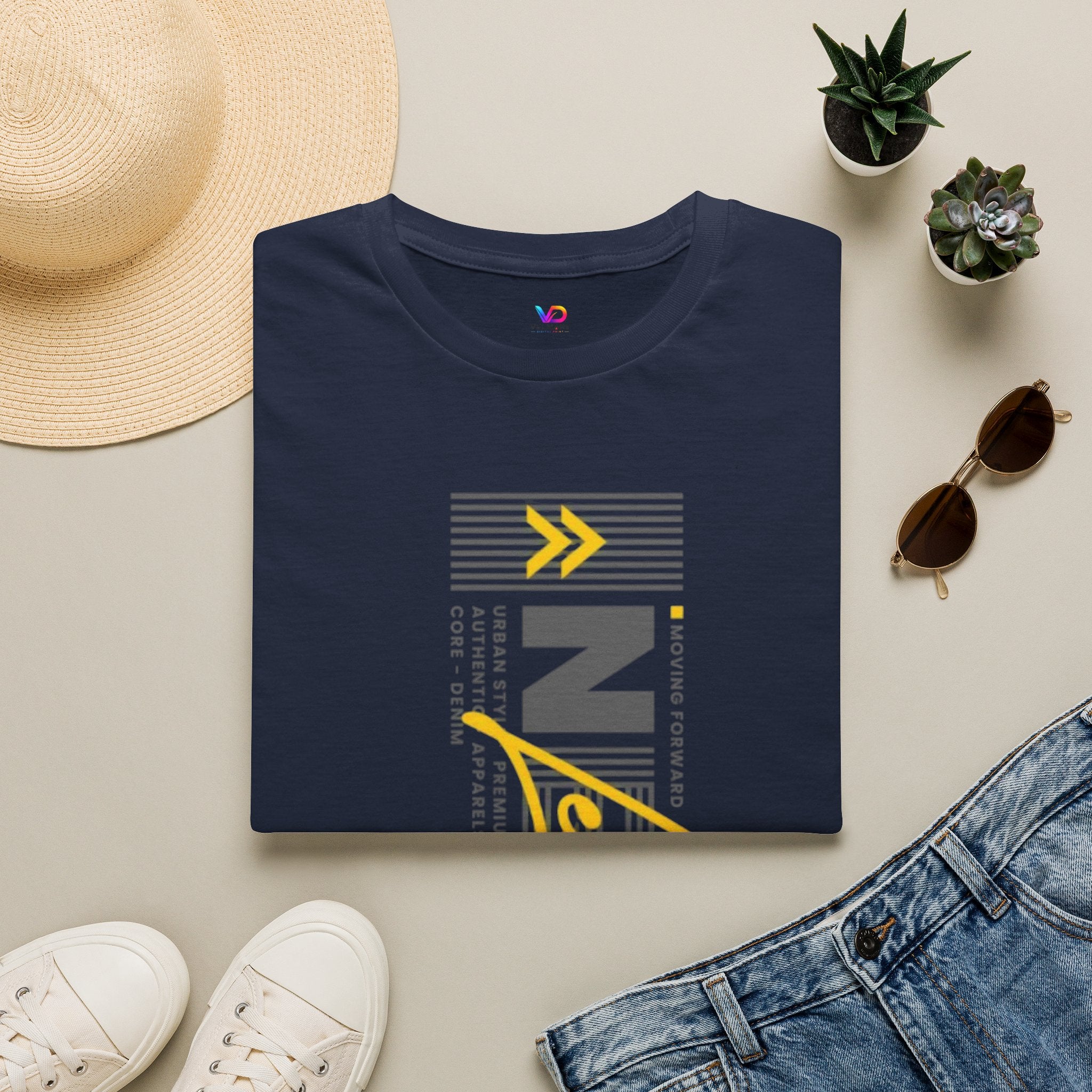 Vertical 'NEXT' Graphic T‑Shirt — Modern Yellow & Gray Streetwear Tee
