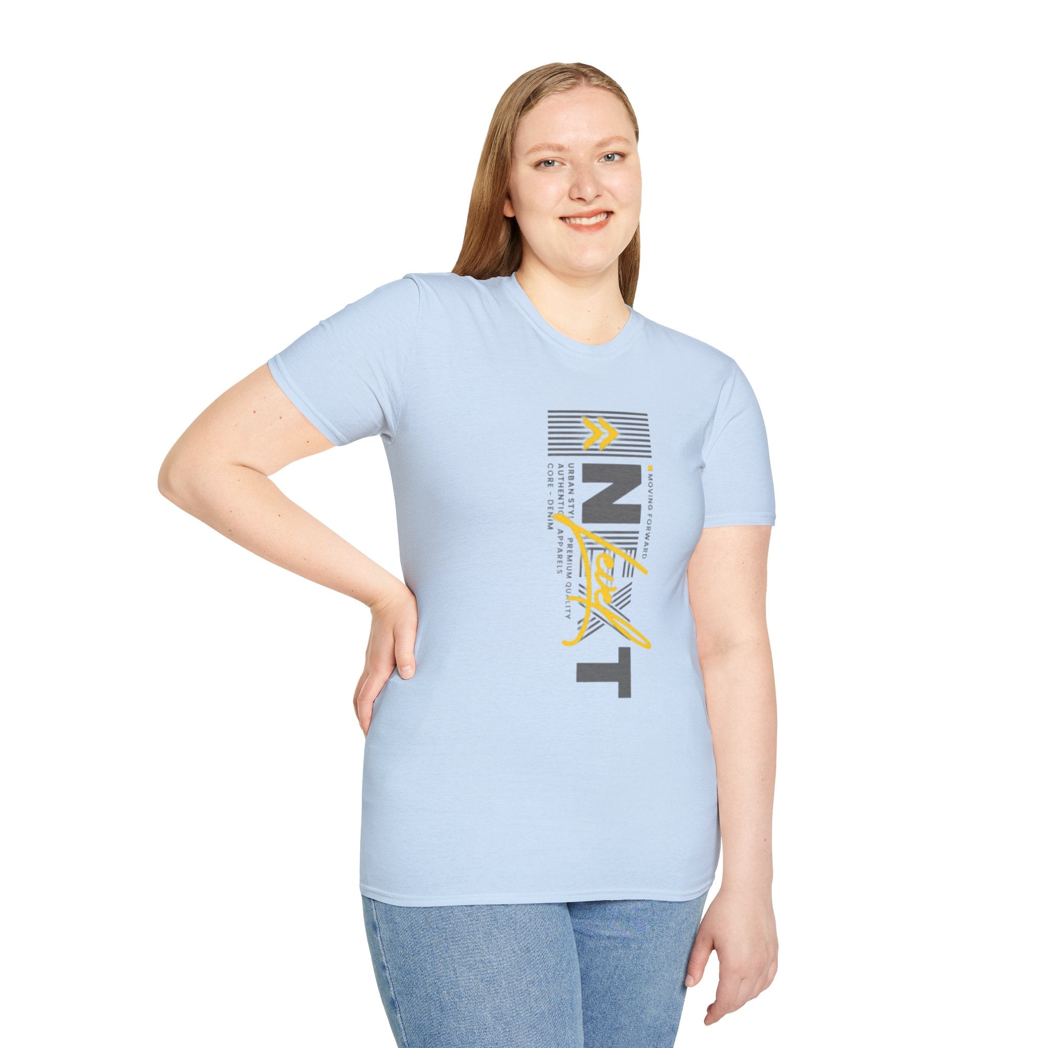 Vertical 'NEXT' Graphic T‑Shirt — Modern Yellow & Gray Streetwear Tee