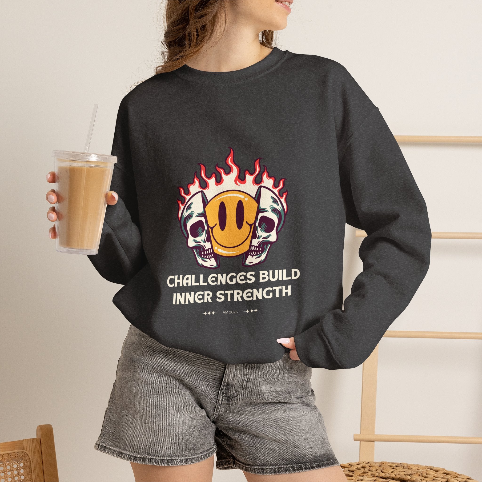 Crewneck Sweatshirt — “Challenges Build Inner Strength” Flame Smile Graphic