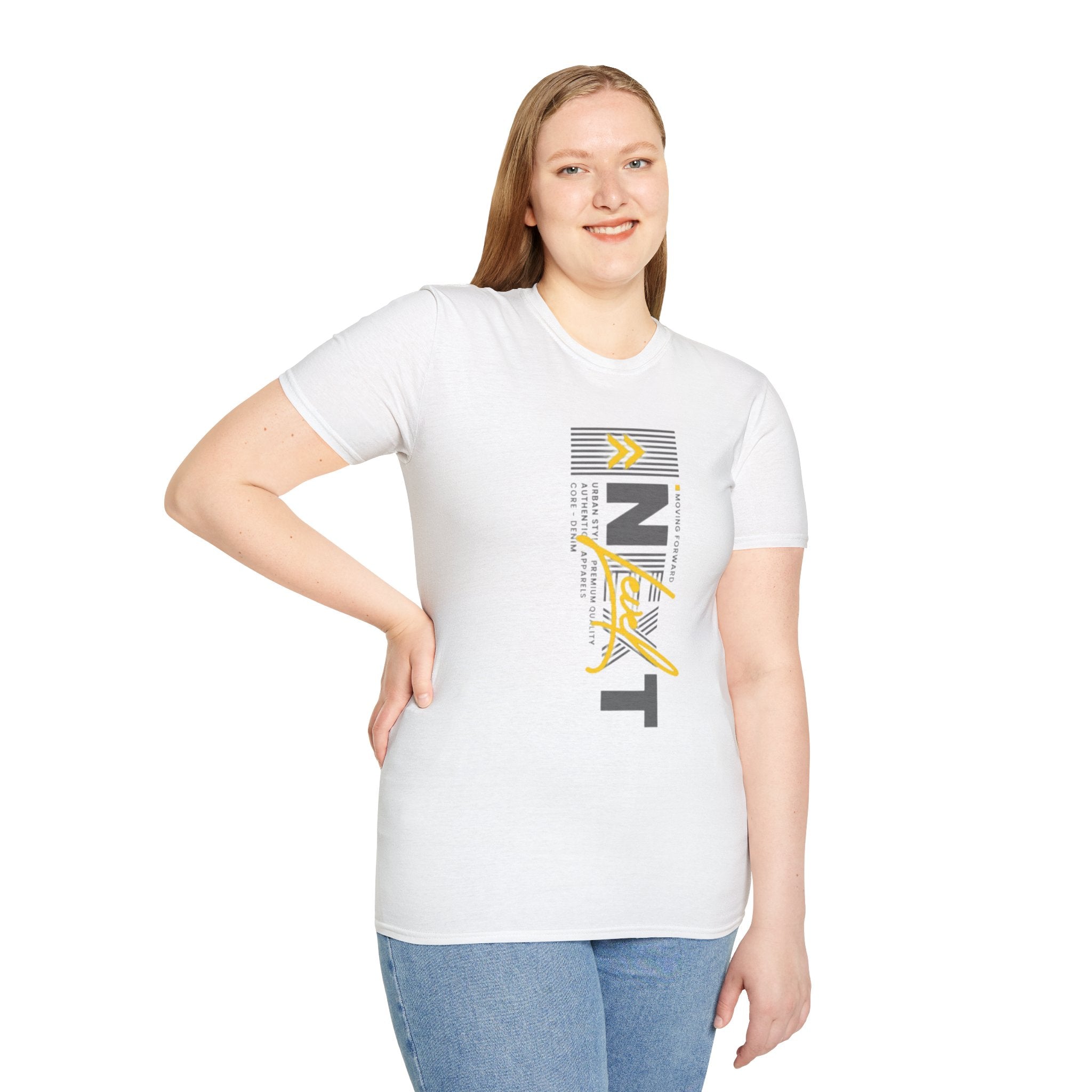 Vertical 'NEXT' Graphic T‑Shirt — Modern Yellow & Gray Streetwear Tee