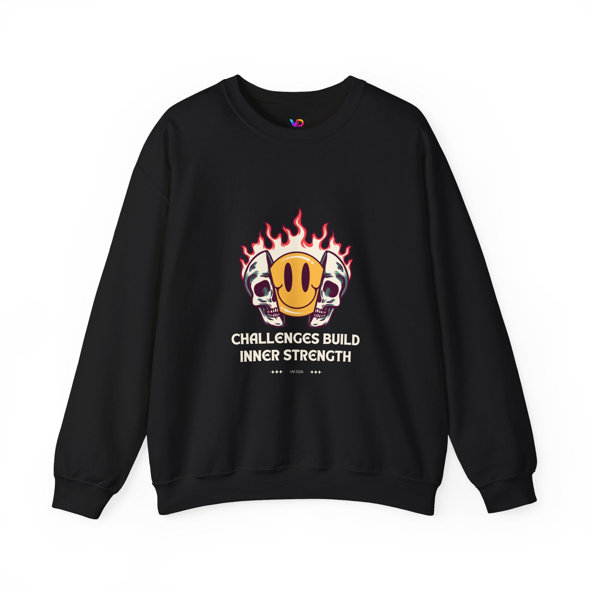 Crewneck Sweatshirt — “Challenges Build Inner Strength” Flame Smile Graphic