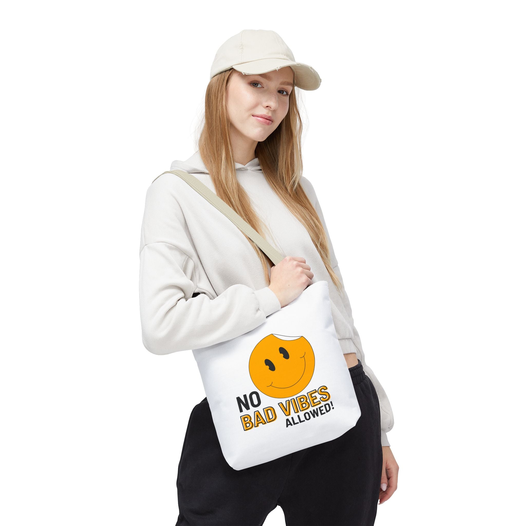 No Bad Vibes Tote Bag — Positive Smiley Reusable Beach & Grocery Bag