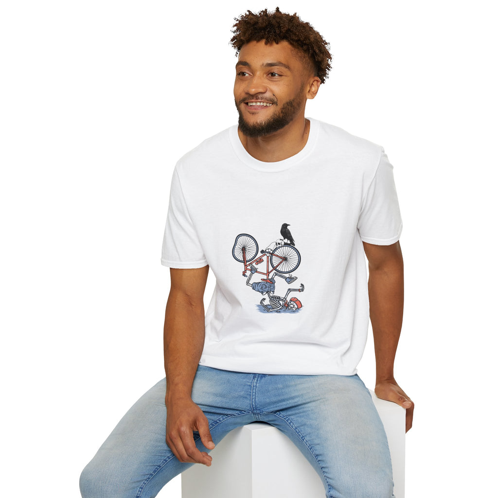 T-Shirt — Vintage Bike Crash Illustration with Crow (whimsical urban cycling tee)