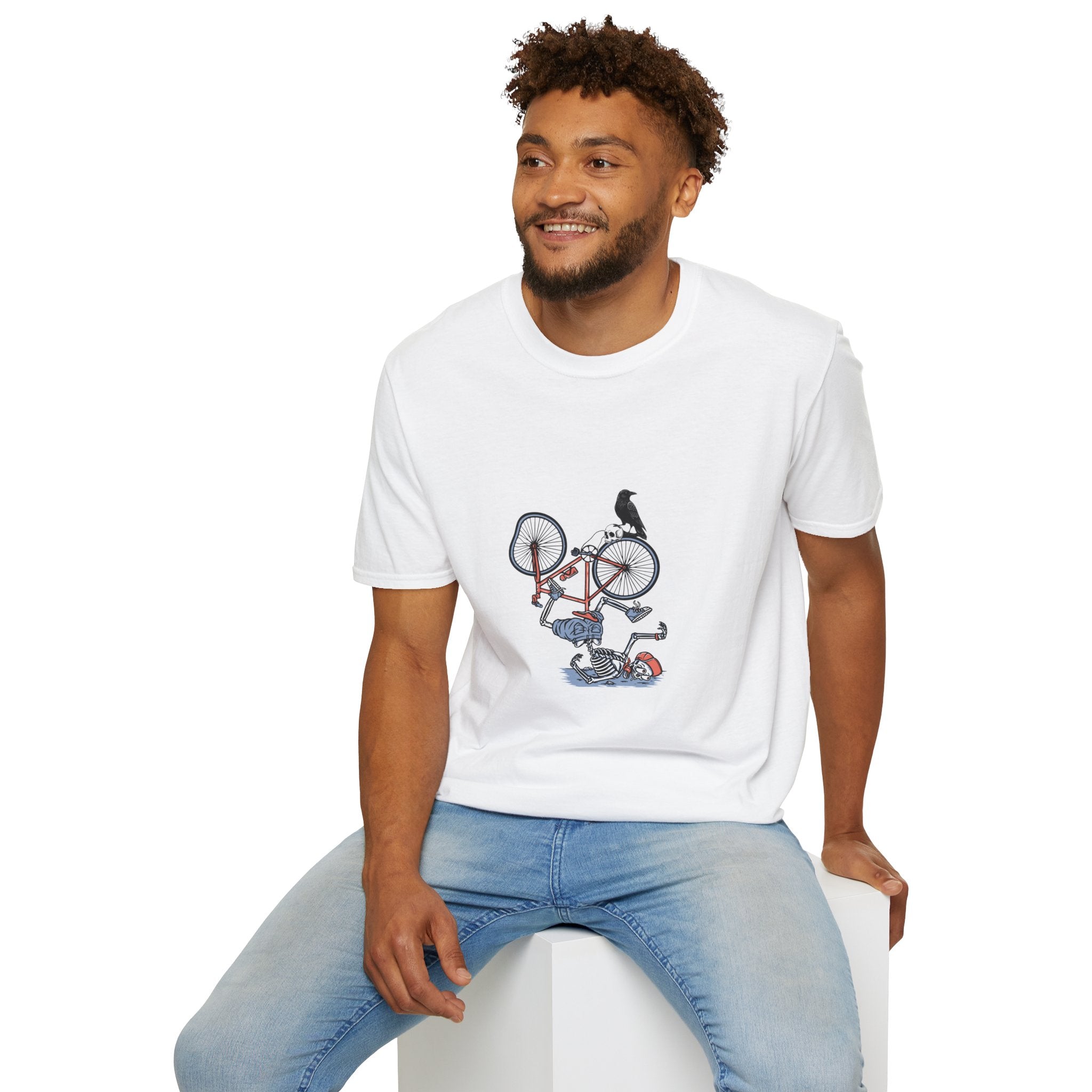 T-Shirt — Vintage Bike Crash Illustration with Crow (whimsical urban cycling tee)