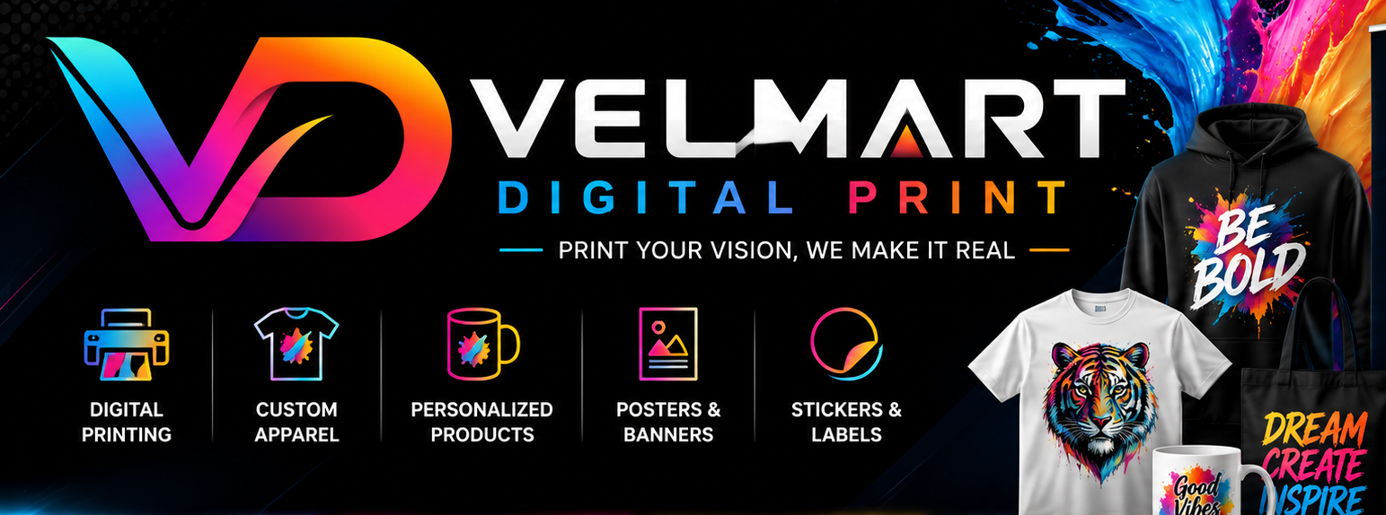 Promotional banner for Velmart Digital Print with colorful design elements and product images.