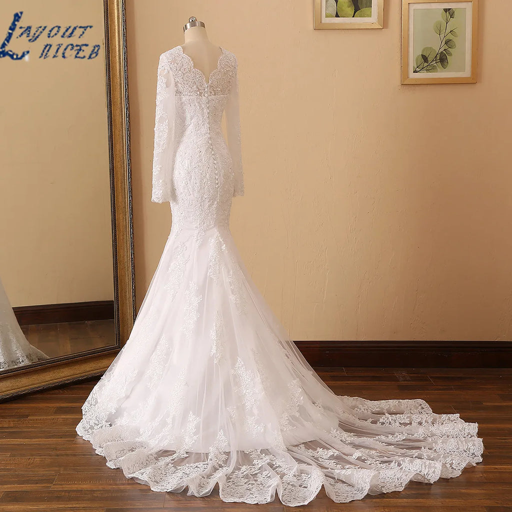 LAYOUT NICEB Mermaid Wedding Dresses Long Sleeves V Neck Beading Lace Applique Bride Gown Custom Women Civil Vestido De Noiva