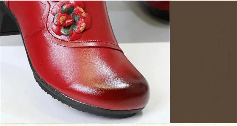 YAERNI Autumn Winter Shoes Woman Cow Leather Flower Shoes Comfort Med Heel Ankle Boots Genuine Leather Fashion Shoes women