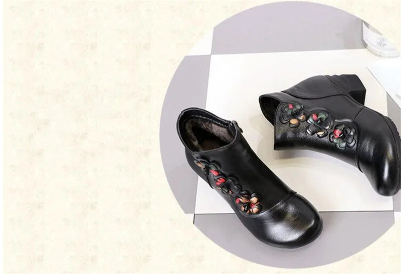 YAERNI Autumn Winter Shoes Woman Cow Leather Flower Shoes Comfort Med Heel Ankle Boots Genuine Leather Fashion Shoes women