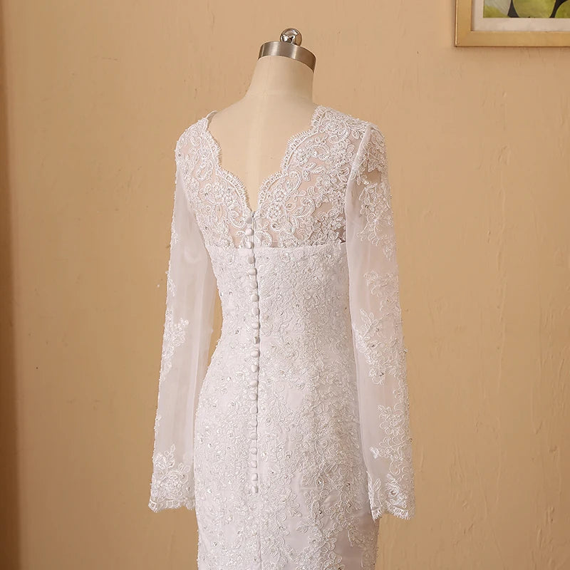 LAYOUT NICEB Mermaid Wedding Dresses Long Sleeves V Neck Beading Lace Applique Bride Gown Custom Women Civil Vestido De Noiva