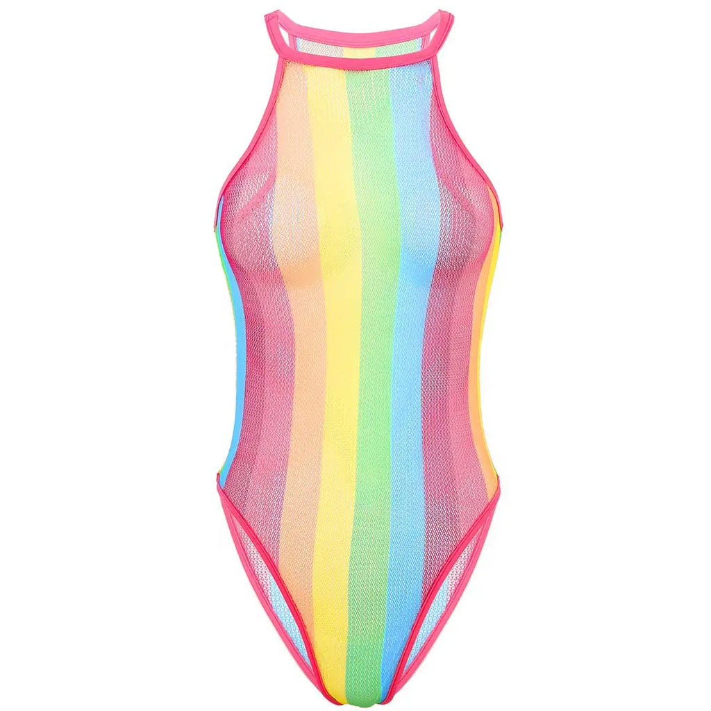 Womens Rave Rainbow Swimwear Striped Fishnet Swimsuit Bikini See Through Mesh Bodysuit Beachwear Summer Dance Festivals Clothing