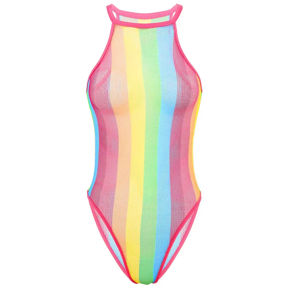 Womens Rave Rainbow Swimwear Striped Fishnet Swimsuit Bikini See Through Mesh Bodysuit Beachwear Summer Dance Festivals Clothing