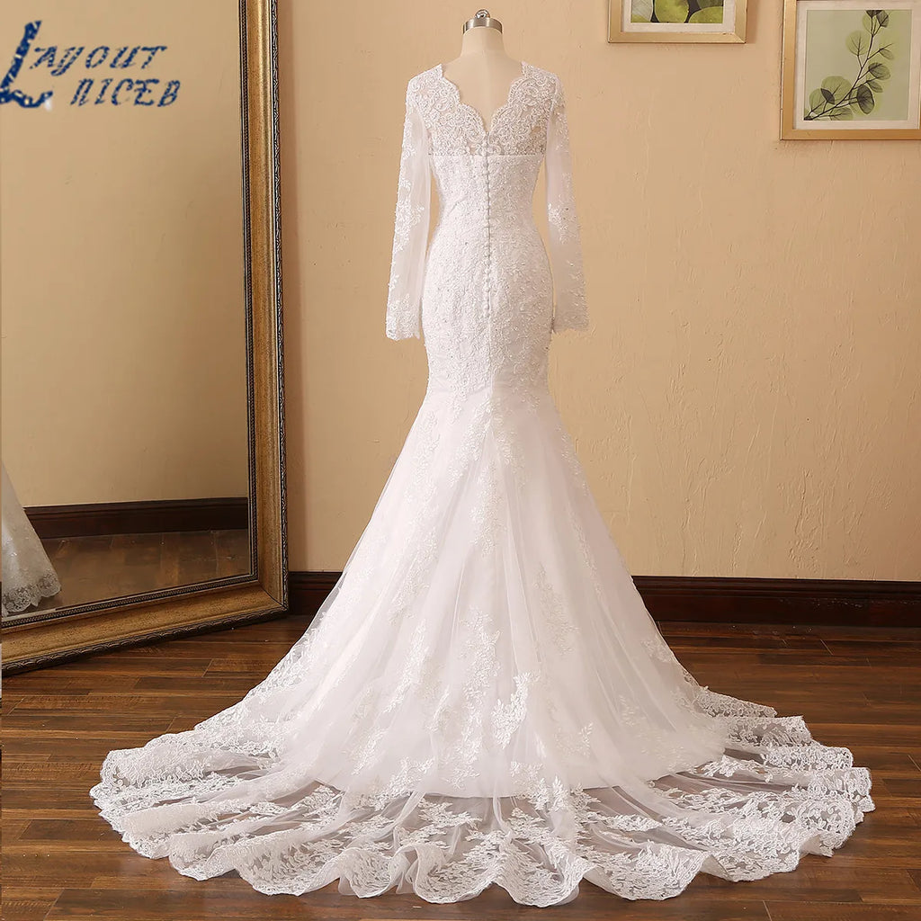 LAYOUT NICEB Mermaid Wedding Dresses Long Sleeves V Neck Beading Lace Applique Bride Gown Custom Women Civil Vestido De Noiva