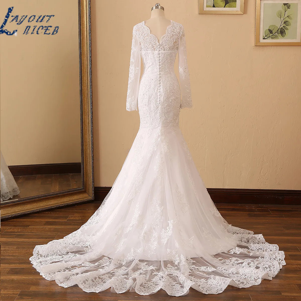 LAYOUT NICEB Mermaid Wedding Dresses Long Sleeves V Neck Beading Lace Applique Bride Gown Custom Women Civil Vestido De Noiva