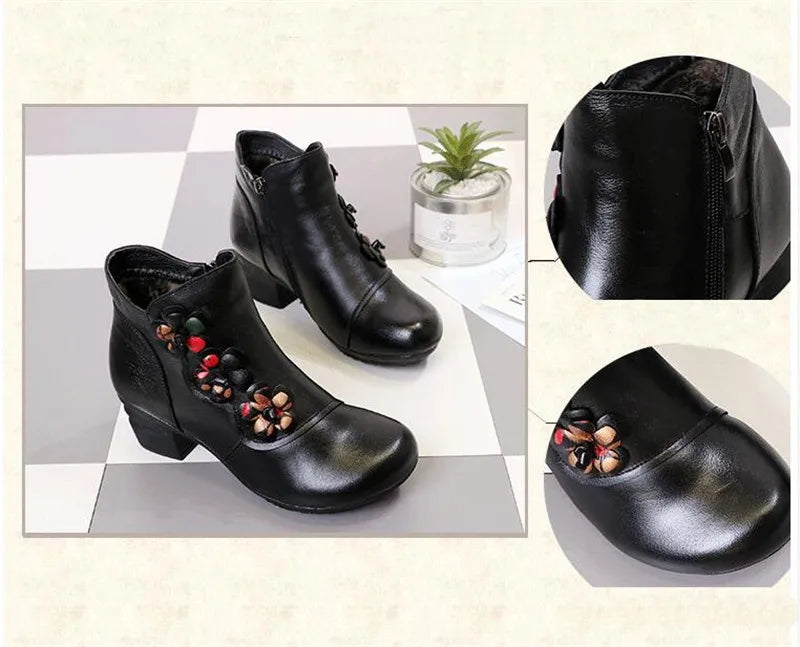 YAERNI Autumn Winter Shoes Woman Cow Leather Flower Shoes Comfort Med Heel Ankle Boots Genuine Leather Fashion Shoes women