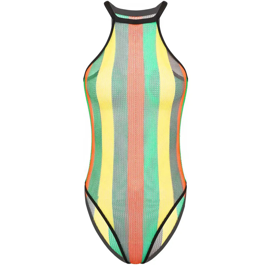 Womens Rave Rainbow Swimwear Striped Fishnet Swimsuit Bikini See Through Mesh Bodysuit Beachwear Summer Dance Festivals Clothing