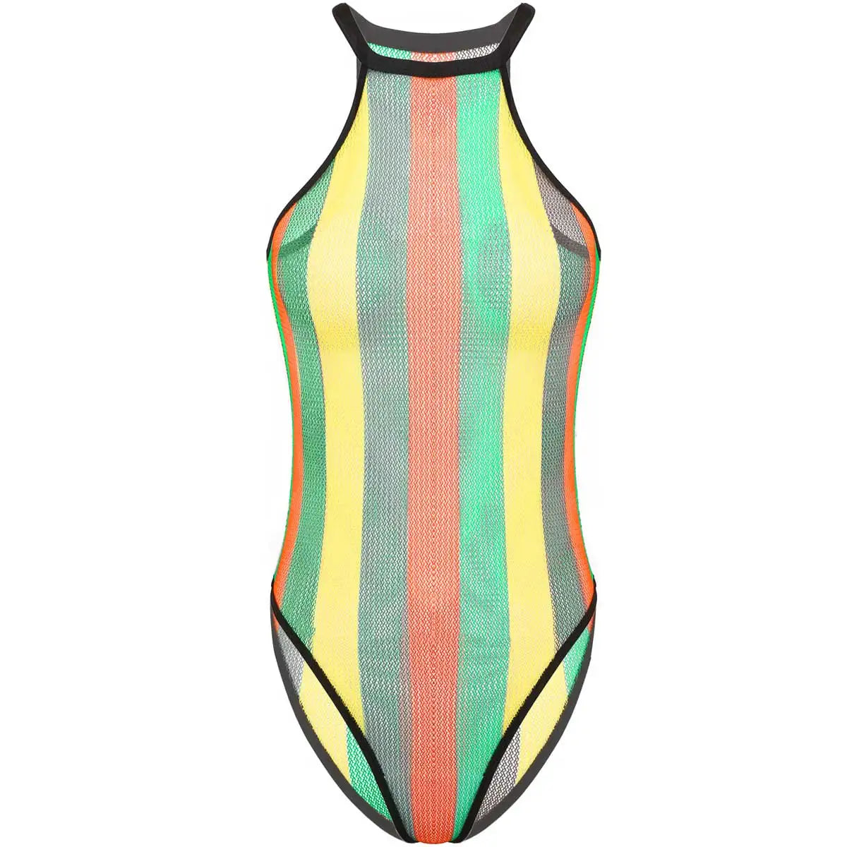Womens Rave Rainbow Swimwear Striped Fishnet Swimsuit Bikini See Through Mesh Bodysuit Beachwear Summer Dance Festivals Clothing