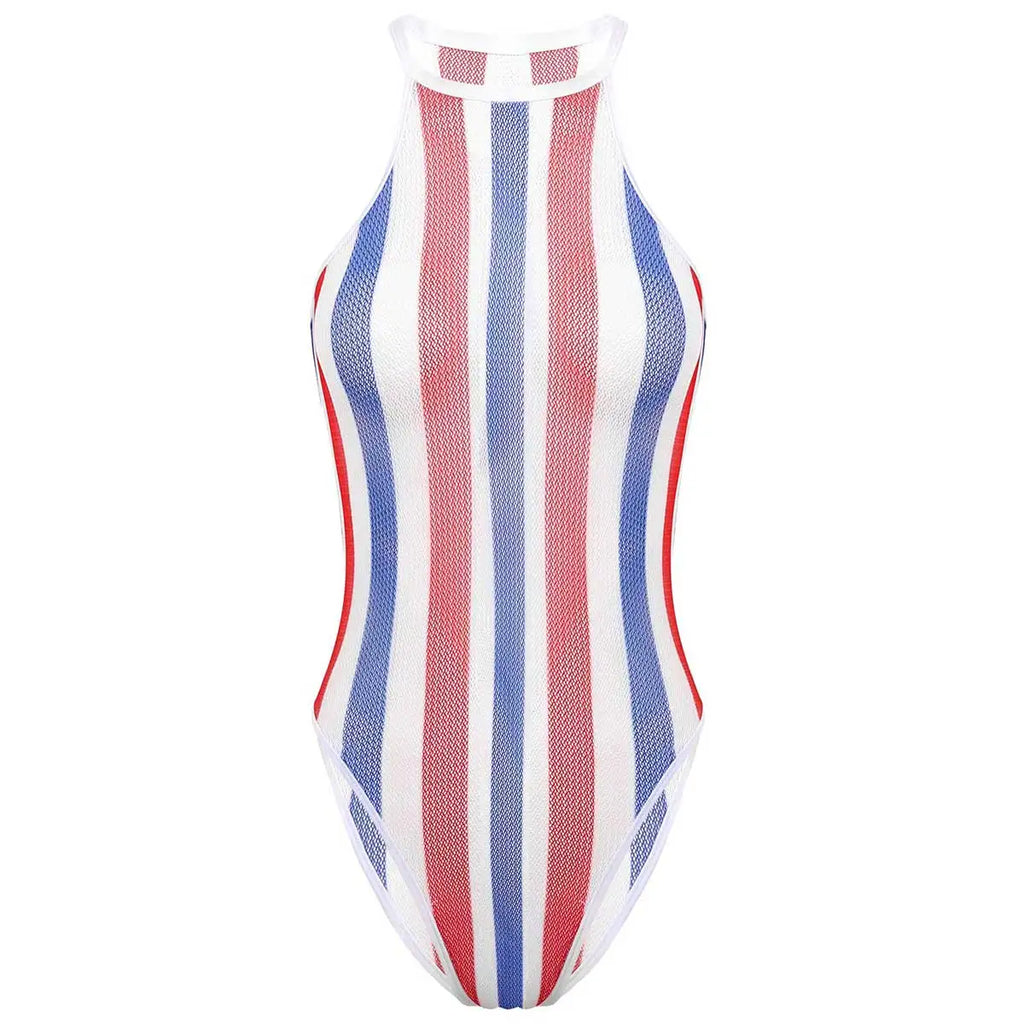 Womens Rave Rainbow Swimwear Striped Fishnet Swimsuit Bikini See Through Mesh Bodysuit Beachwear Summer Dance Festivals Clothing