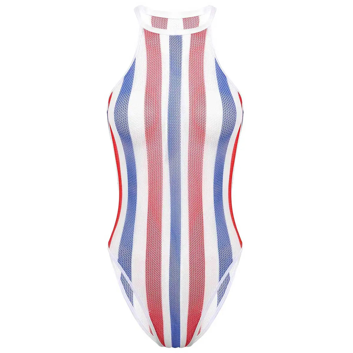 Womens Rave Rainbow Swimwear Striped Fishnet Swimsuit Bikini See Through Mesh Bodysuit Beachwear Summer Dance Festivals Clothing