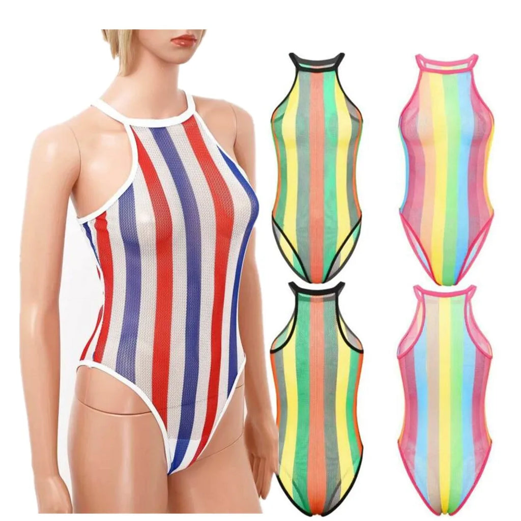 Womens Rave Rainbow Swimwear Striped Fishnet Swimsuit Bikini See Through Mesh Bodysuit Beachwear Summer Dance Festivals Clothing