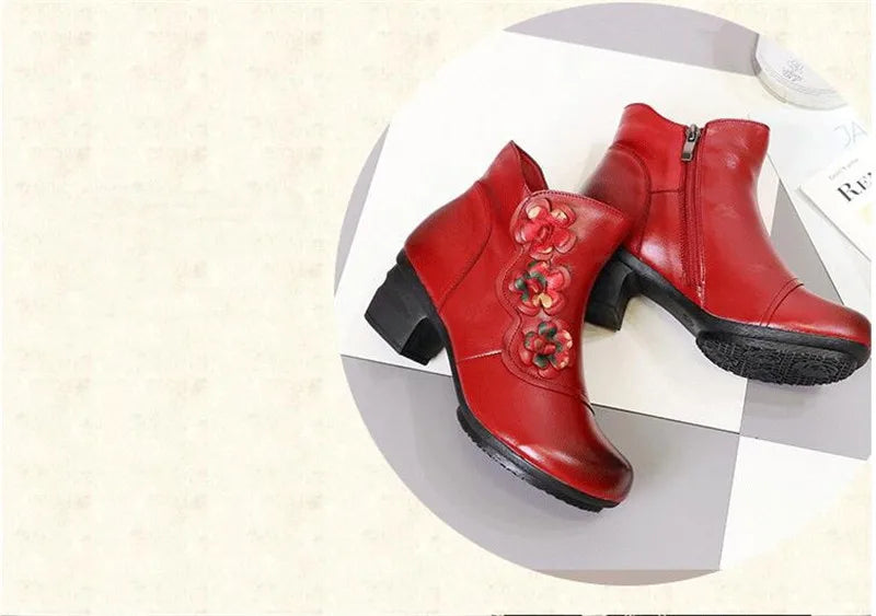 YAERNI Autumn Winter Shoes Woman Cow Leather Flower Shoes Comfort Med Heel Ankle Boots Genuine Leather Fashion Shoes women