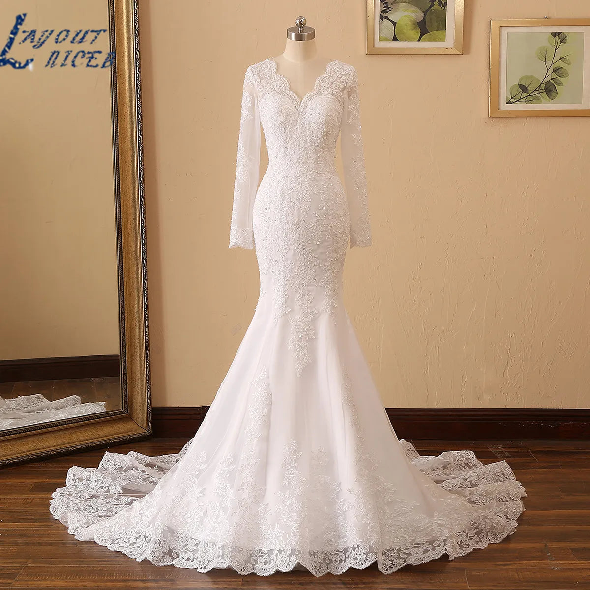LAYOUT NICEB Mermaid Wedding Dresses Long Sleeves V Neck Beading Lace Applique Bride Gown Custom Women Civil Vestido De Noiva
