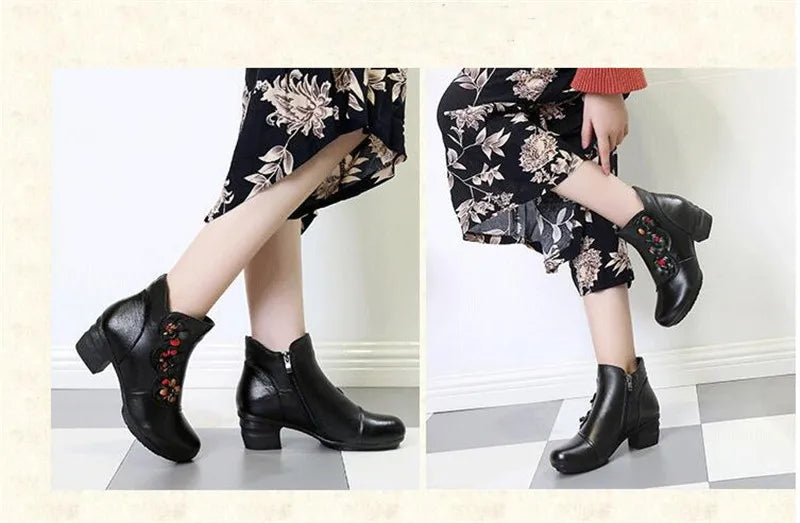 YAERNI Autumn Winter Shoes Woman Cow Leather Flower Shoes Comfort Med Heel Ankle Boots Genuine Leather Fashion Shoes women
