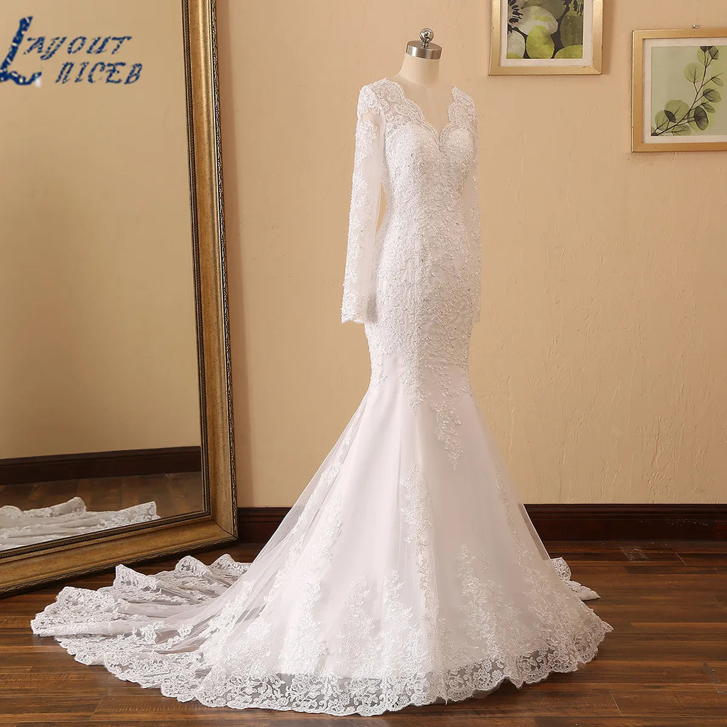 LAYOUT NICEB Mermaid Wedding Dresses Long Sleeves V Neck Beading Lace Applique Bride Gown Custom Women Civil Vestido De Noiva