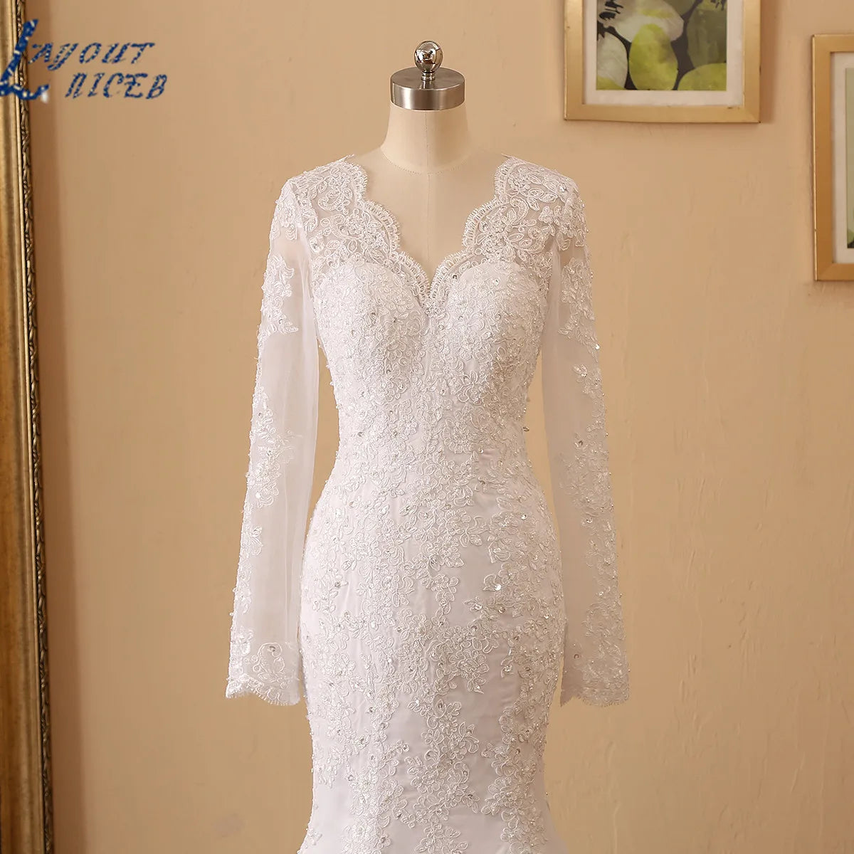 LAYOUT NICEB Mermaid Wedding Dresses Long Sleeves V Neck Beading Lace Applique Bride Gown Custom Women Civil Vestido De Noiva