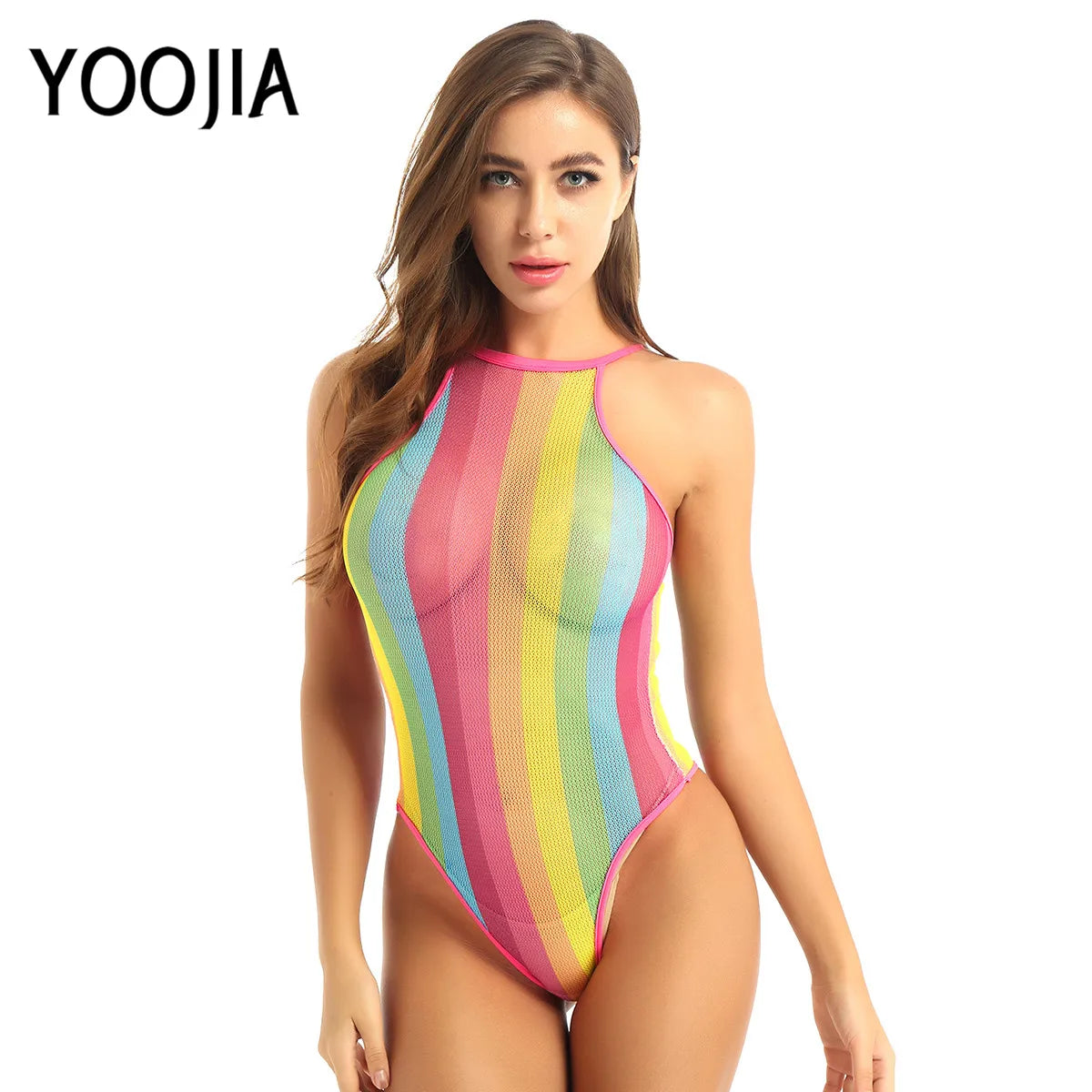 Womens Rave Rainbow Swimwear Striped Fishnet Swimsuit Bikini See Through Mesh Bodysuit Beachwear Summer Dance Festivals Clothing