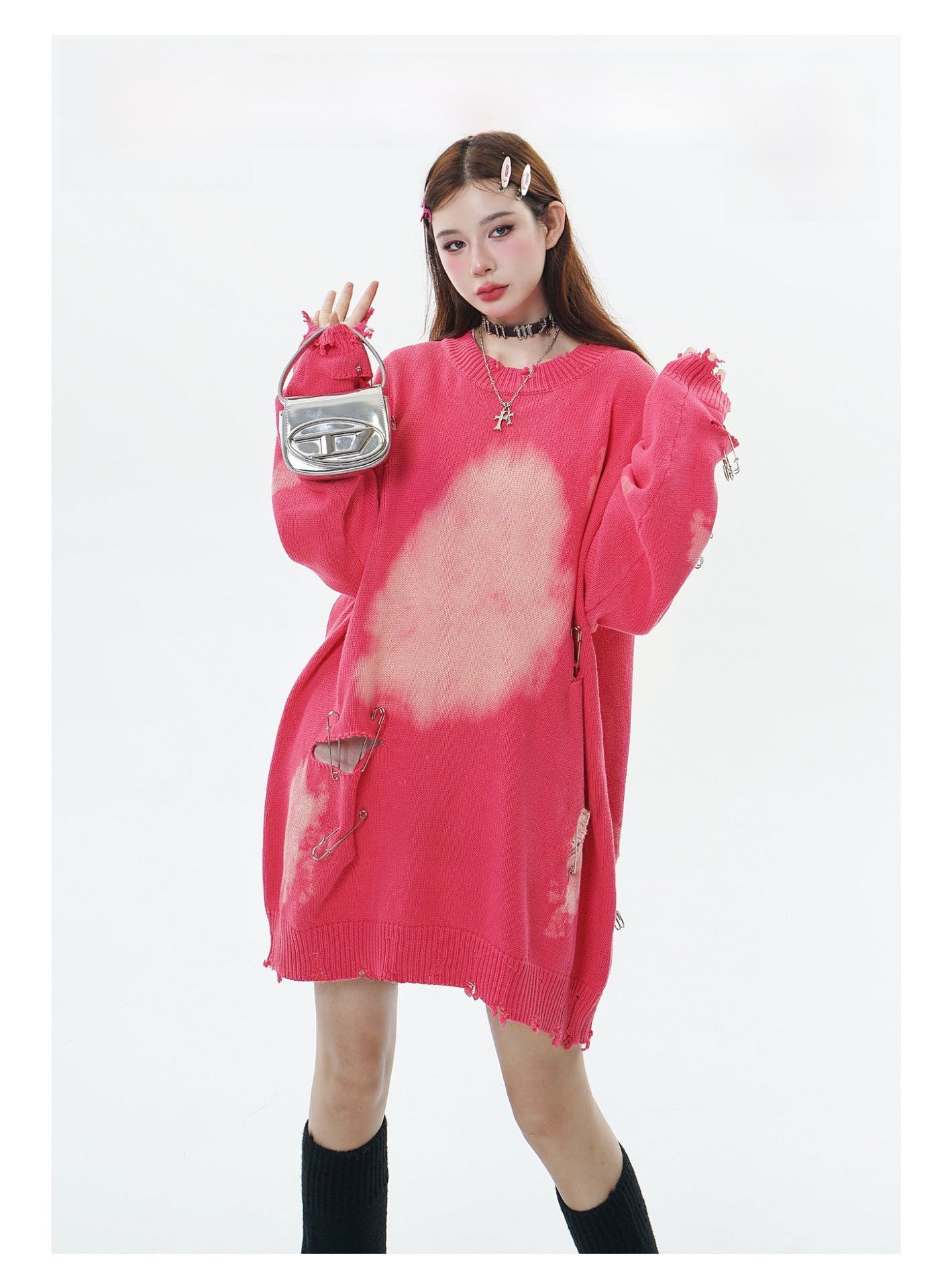 TIDE CARD LOG | Autumn and winter high street fashionable design faded pin ripped couple round neck loose sweater