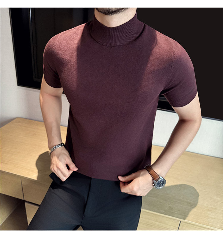 Tiktok Taobao Dropshipping Men's Short-Sleeve Knitwear, Fashionable Versatile Half-Turtleneck Slim-Fit Half-Sleeve Sweater Base Shirt