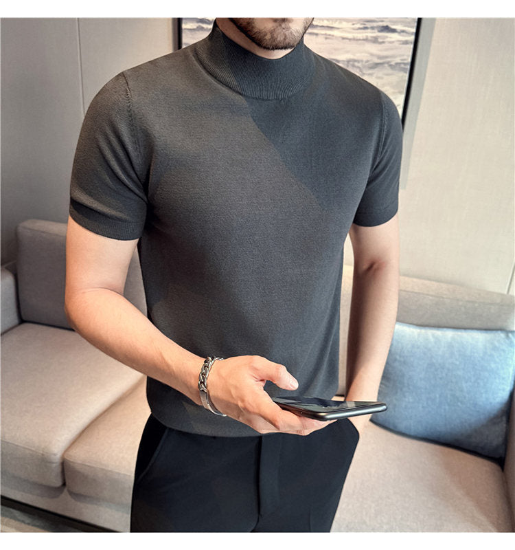 Tiktok Taobao Dropshipping Men's Short-Sleeve Knitwear, Fashionable Versatile Half-Turtleneck Slim-Fit Half-Sleeve Sweater Base Shirt
