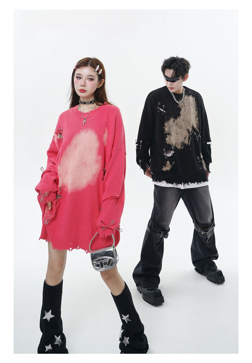 TIDE CARD LOG | Autumn and winter high street fashionable design faded pin ripped couple round neck loose sweater