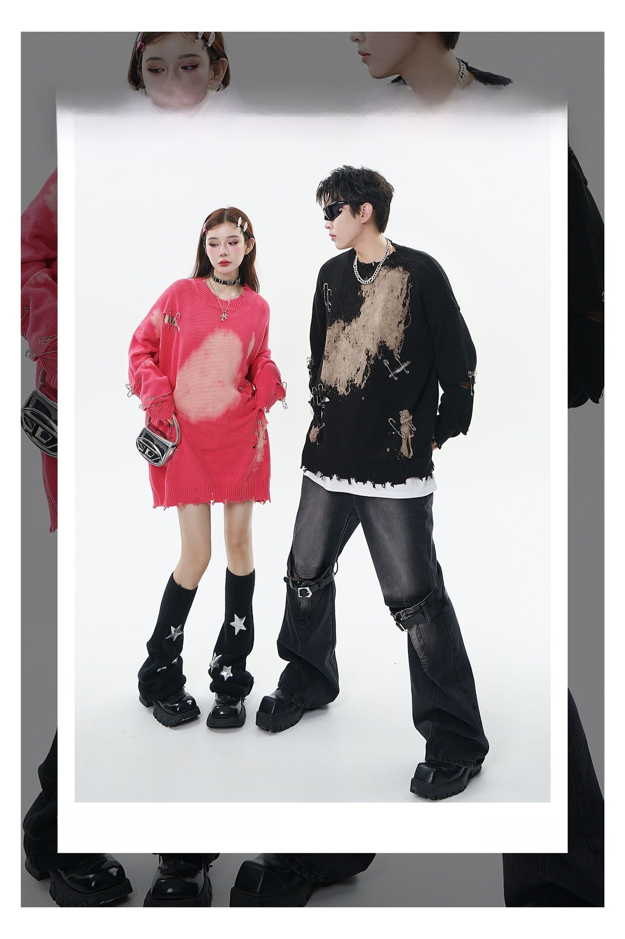 TIDE CARD LOG | Autumn and winter high street fashionable design faded pin ripped couple round neck loose sweater