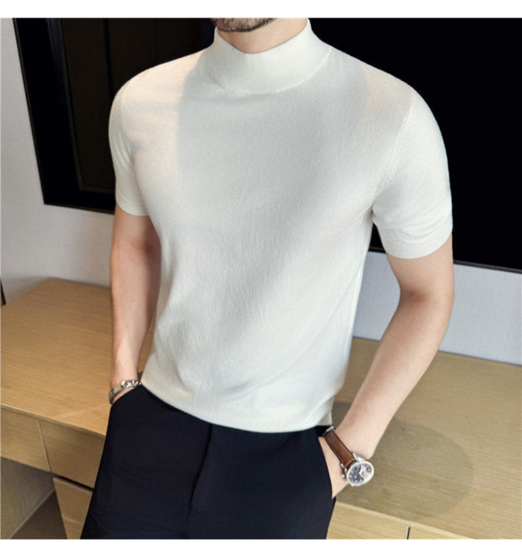 Tiktok Taobao Dropshipping Men's Short-Sleeve Knitwear, Fashionable Versatile Half-Turtleneck Slim-Fit Half-Sleeve Sweater Base Shirt