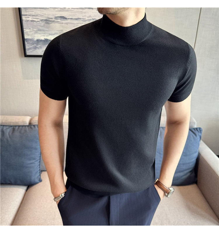 Tiktok Taobao Dropshipping Men's Short-Sleeve Knitwear, Fashionable Versatile Half-Turtleneck Slim-Fit Half-Sleeve Sweater Base Shirt