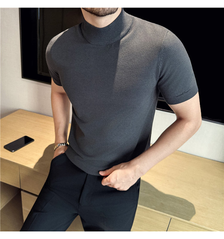 Tiktok Taobao Dropshipping Men's Short-Sleeve Knitwear, Fashionable Versatile Half-Turtleneck Slim-Fit Half-Sleeve Sweater Base Shirt