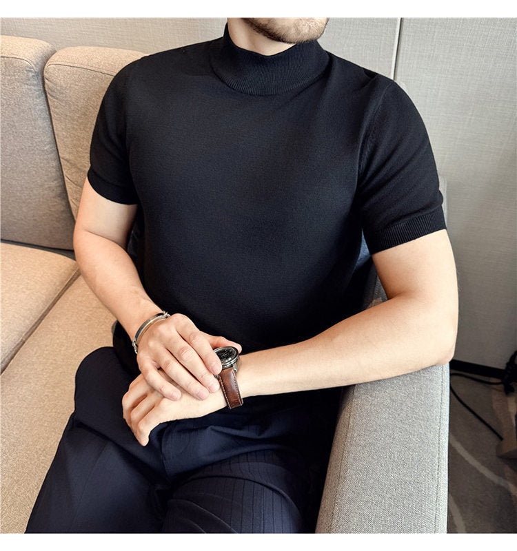 Tiktok Taobao Dropshipping Men's Short-Sleeve Knitwear, Fashionable Versatile Half-Turtleneck Slim-Fit Half-Sleeve Sweater Base Shirt