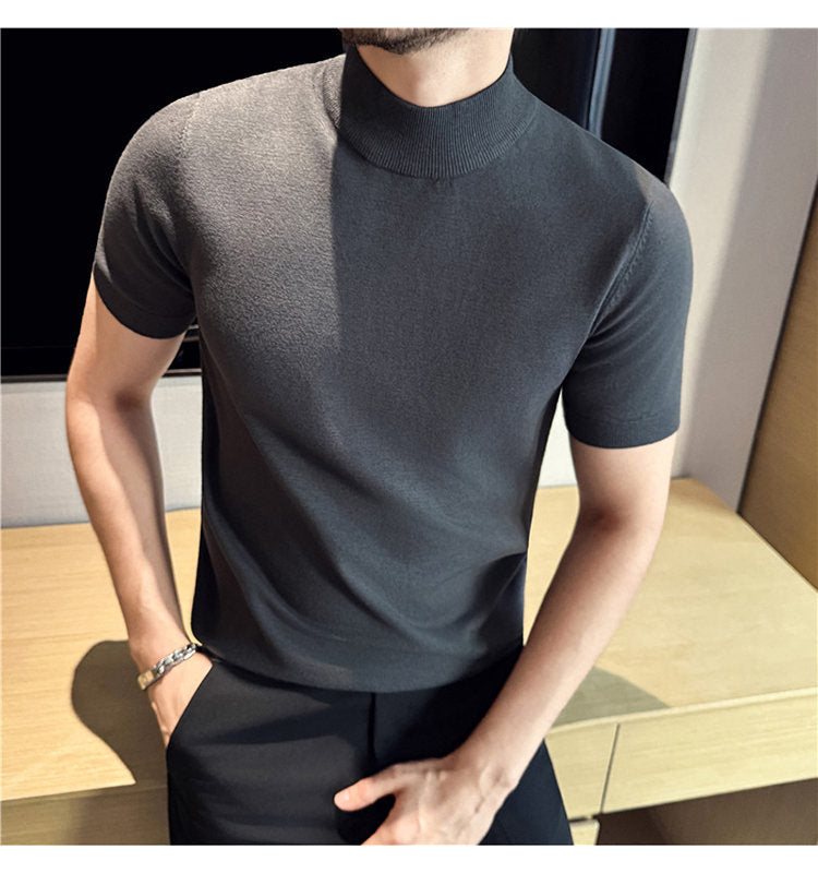 Tiktok Taobao Dropshipping Men's Short-Sleeve Knitwear, Fashionable Versatile Half-Turtleneck Slim-Fit Half-Sleeve Sweater Base Shirt