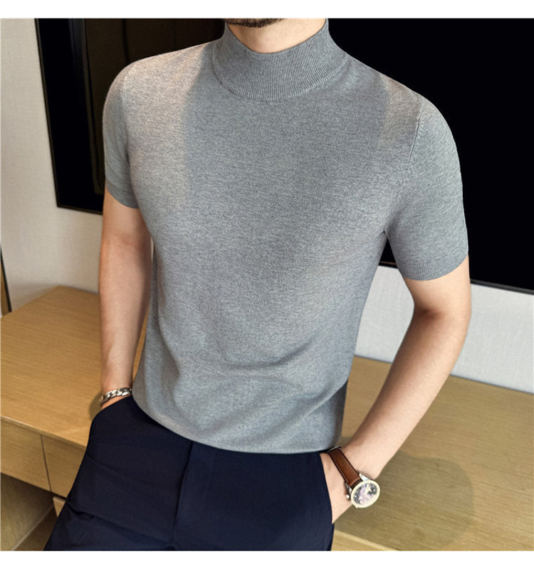 Tiktok Taobao Dropshipping Men's Short-Sleeve Knitwear, Fashionable Versatile Half-Turtleneck Slim-Fit Half-Sleeve Sweater Base Shirt